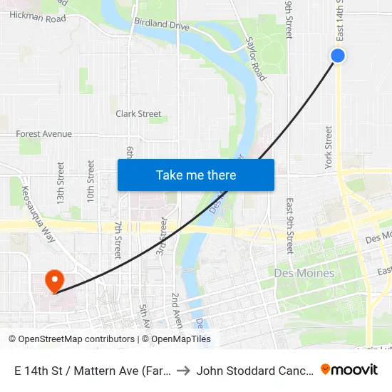 E 14th St / Mattern Ave (Far-Side), Dsm to John Stoddard Cancer Center map