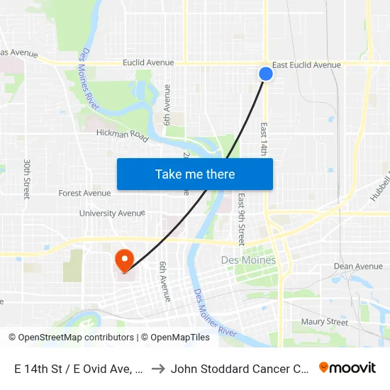 E 14th St / E Ovid Ave, Dsm to John Stoddard Cancer Center map