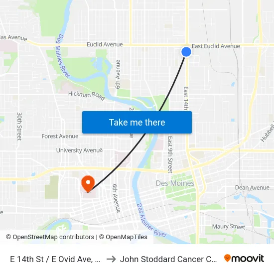 E 14th St / E Ovid Ave, Dsm to John Stoddard Cancer Center map