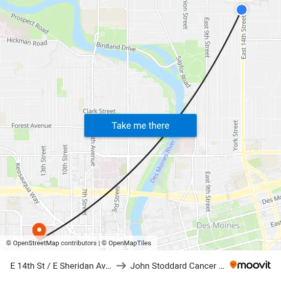 E 14th St / E Sheridan Ave, Dsm to John Stoddard Cancer Center map