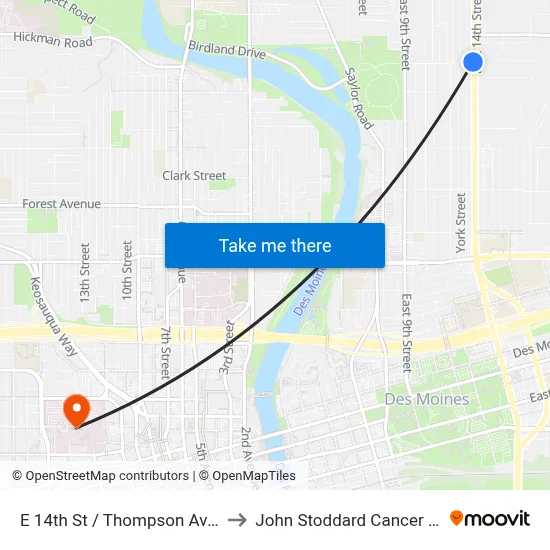 E 14th St / Thompson Ave, Dsm to John Stoddard Cancer Center map
