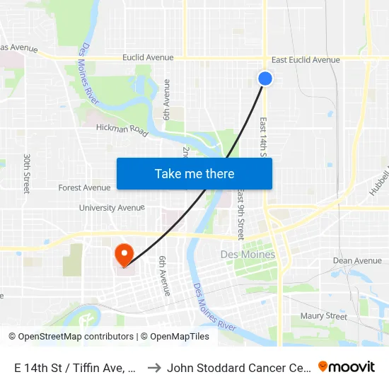 E 14th St / Tiffin Ave, Dsm to John Stoddard Cancer Center map