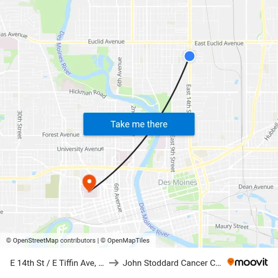 E 14th St / E Tiffin Ave, Dsm to John Stoddard Cancer Center map