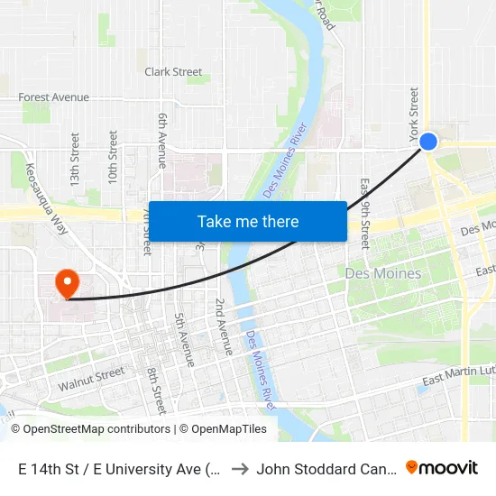E 14th St / E University Ave (Far-Side), Dsm to John Stoddard Cancer Center map