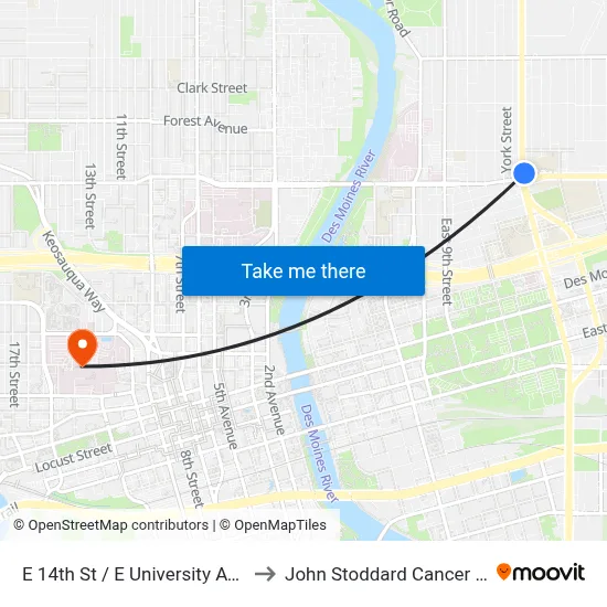 E 14th St / E University Ave, Dsm to John Stoddard Cancer Center map