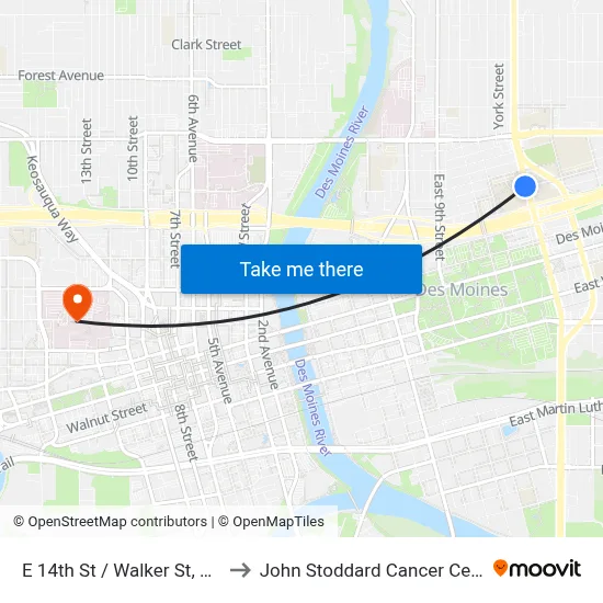 E 14th St / Walker St, Dsm to John Stoddard Cancer Center map