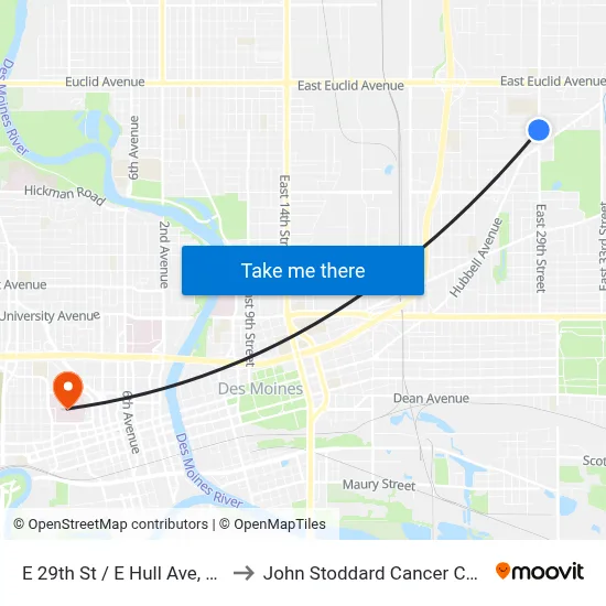 E 29th St / E Hull Ave, Dsm to John Stoddard Cancer Center map