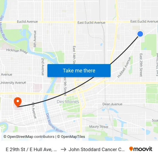 E 29th St / E Hull Ave, Dsm to John Stoddard Cancer Center map