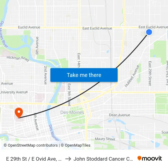 E 29th St / E Ovid Ave, Dsm to John Stoddard Cancer Center map
