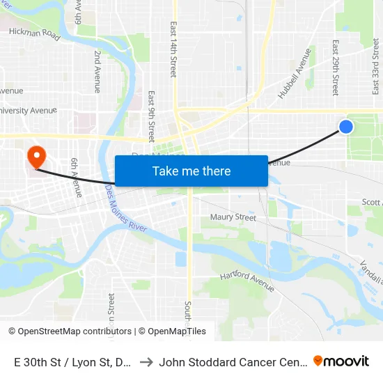 E 30th St / Lyon St, Dsm to John Stoddard Cancer Center map