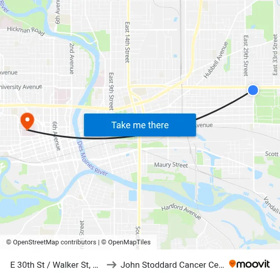 E 30th St / Walker St, Dsm to John Stoddard Cancer Center map