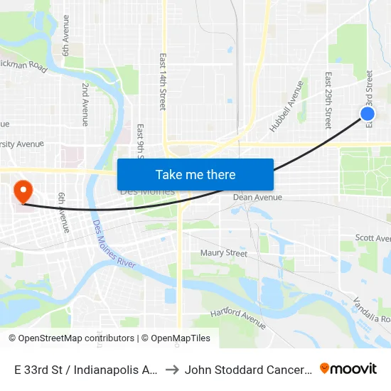 E 33rd St / Indianapolis Ave, Dsm to John Stoddard Cancer Center map