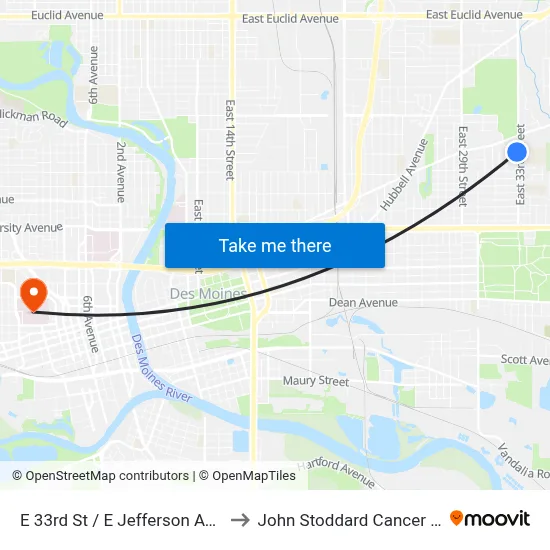 E 33rd St / E Jefferson Ave, Dsm to John Stoddard Cancer Center map
