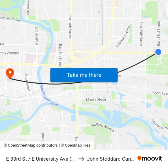 E 33rd St / E University Ave (Far-Side), Dsm to John Stoddard Cancer Center map
