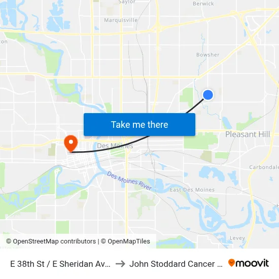 E 38th St / E Sheridan Ave, Dsm to John Stoddard Cancer Center map