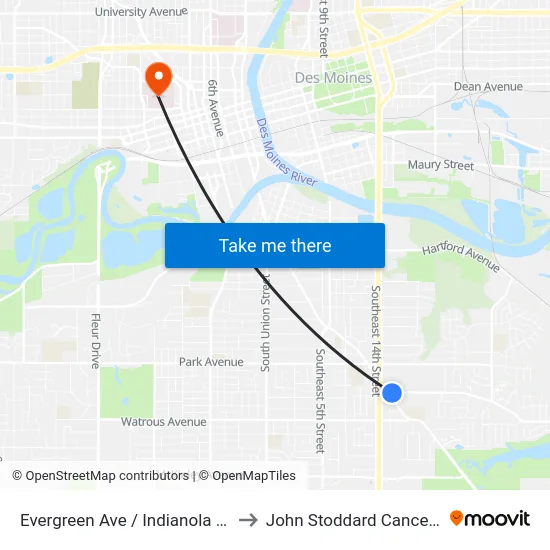 Evergreen Ave / Indianola Ave, Dsm to John Stoddard Cancer Center map