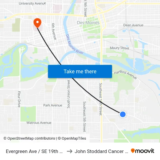 Evergreen Ave / SE 19th St, Dsm to John Stoddard Cancer Center map