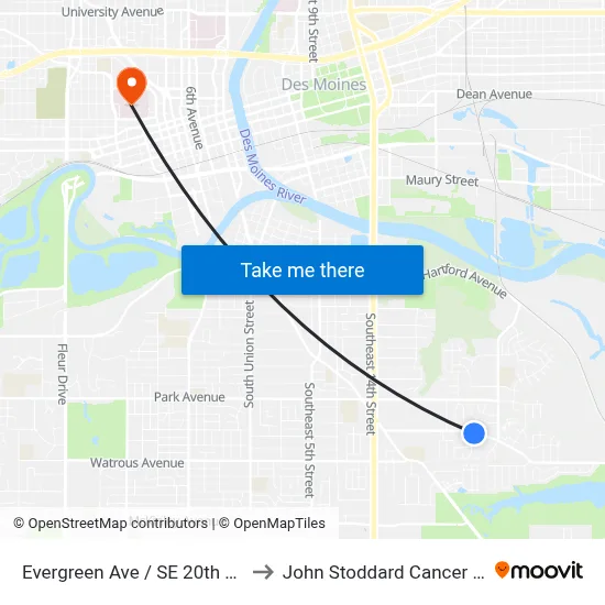Evergreen Ave / SE 20th St, Dsm to John Stoddard Cancer Center map