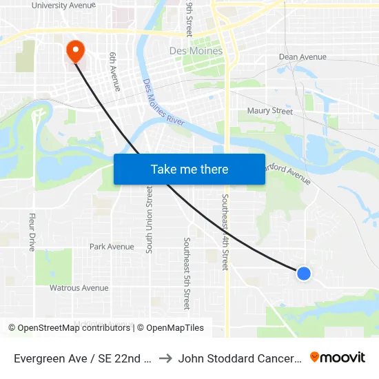 Evergreen Ave / SE 22nd St, Dsm to John Stoddard Cancer Center map