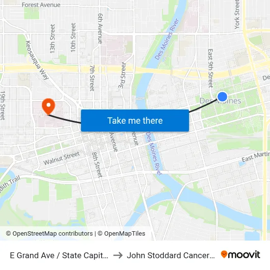 E Grand Ave / State Capitol, Dsm to John Stoddard Cancer Center map