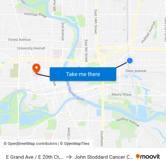E Grand Ave / E 20th Ct, Dsm to John Stoddard Cancer Center map