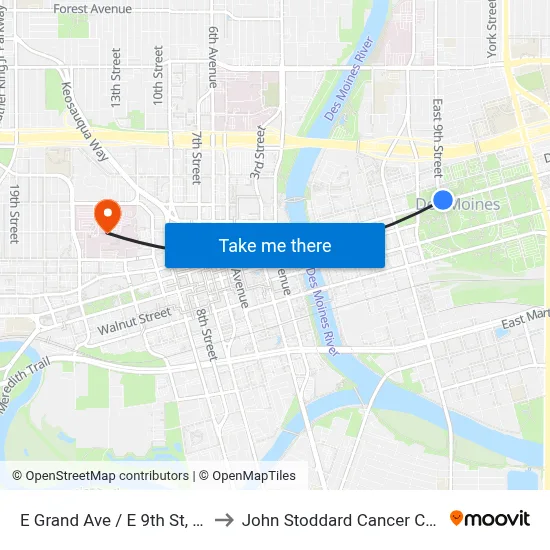 E Grand Ave / E 9th St, Dsm to John Stoddard Cancer Center map