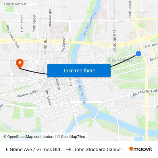 E Grand Ave / Grimes Bldg, Dsm to John Stoddard Cancer Center map