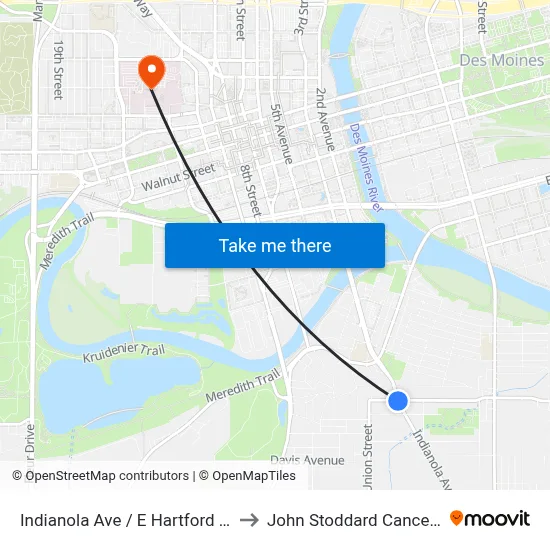 Indianola Ave / E Hartford Ave, Dsm to John Stoddard Cancer Center map