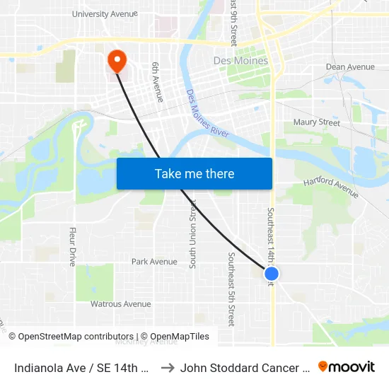 Indianola Ave / SE 14th St, Dsm to John Stoddard Cancer Center map