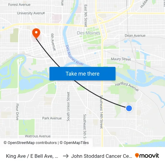 King Ave / E Bell Ave, Dsm to John Stoddard Cancer Center map