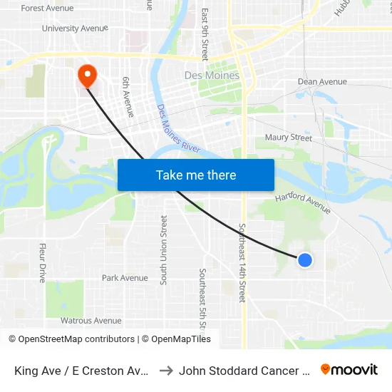 King Ave / E Creston Ave, Dsm to John Stoddard Cancer Center map