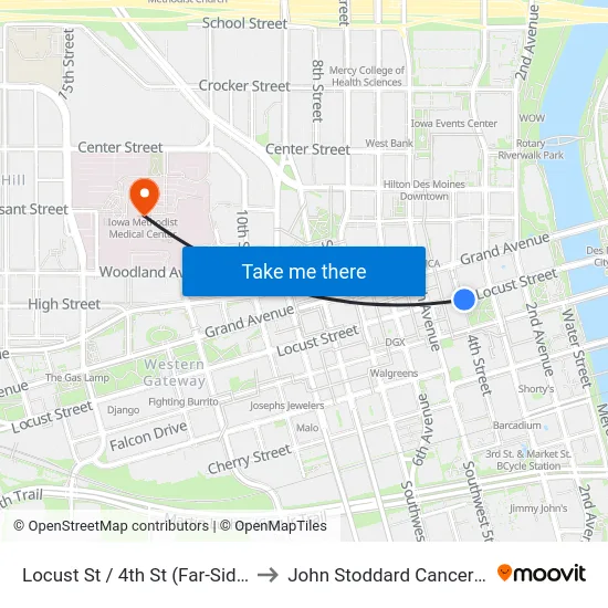 Locust St / 4th St (Far-Side), Dsm to John Stoddard Cancer Center map