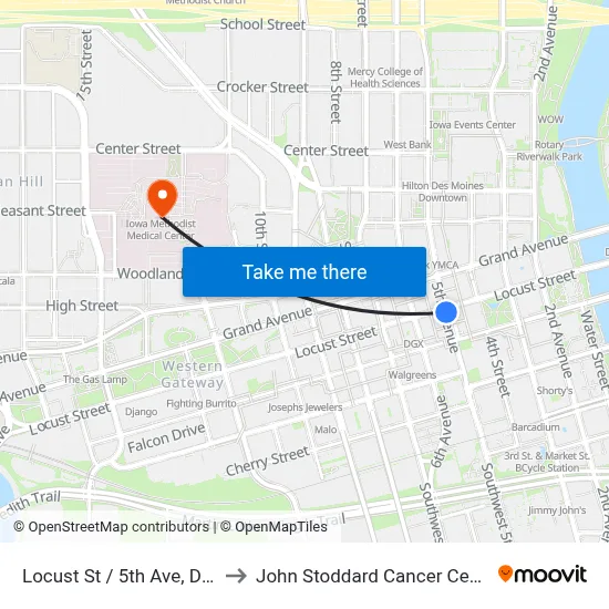 Locust St / 5th Ave, Dsm to John Stoddard Cancer Center map