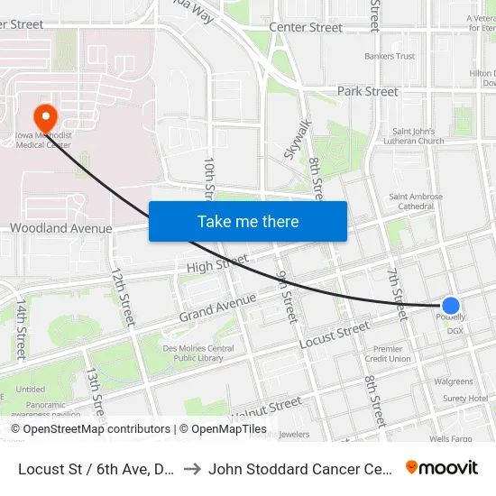 Locust St / 6th Ave, Dsm to John Stoddard Cancer Center map