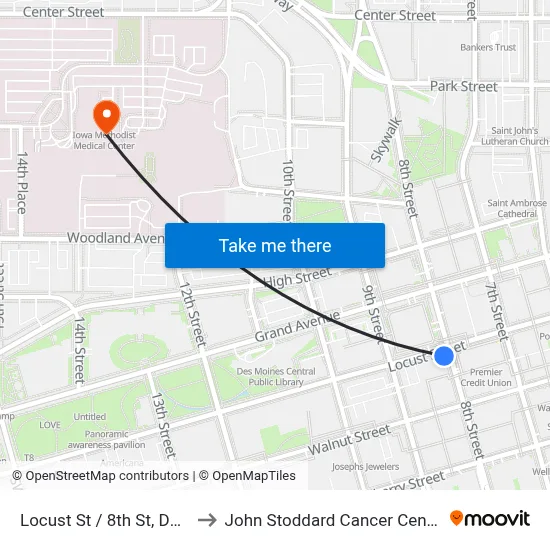 Locust St / 8th St, Dsm to John Stoddard Cancer Center map