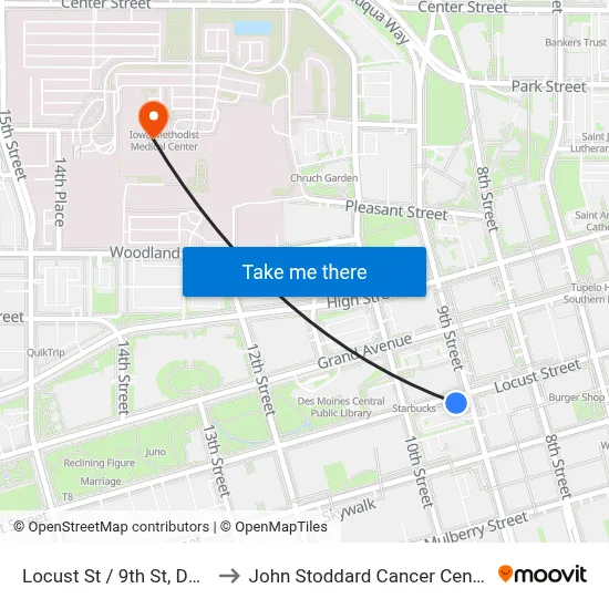 Locust St / 9th St, Dsm to John Stoddard Cancer Center map