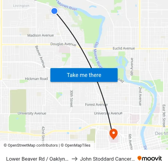 Lower Beaver Rd / Oaklyn Dr, Dsm to John Stoddard Cancer Center map