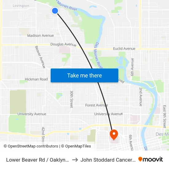 Lower Beaver Rd / Oaklyn Dr, Dsm to John Stoddard Cancer Center map