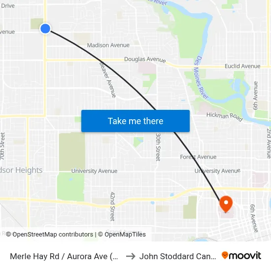 Merle Hay Rd / Aurora Ave (Far-Side), Dsm to John Stoddard Cancer Center map