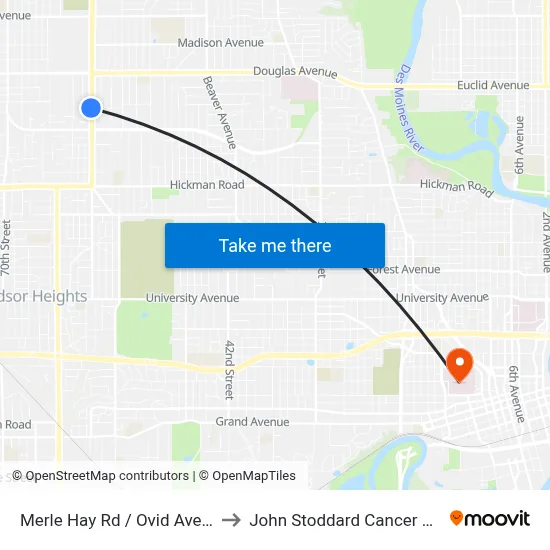 Merle Hay Rd / Ovid Ave, Dsm to John Stoddard Cancer Center map