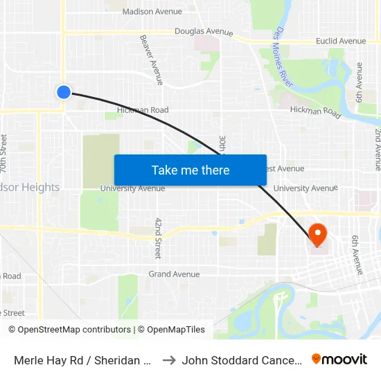Merle Hay Rd / Sheridan Ave, Dsm to John Stoddard Cancer Center map