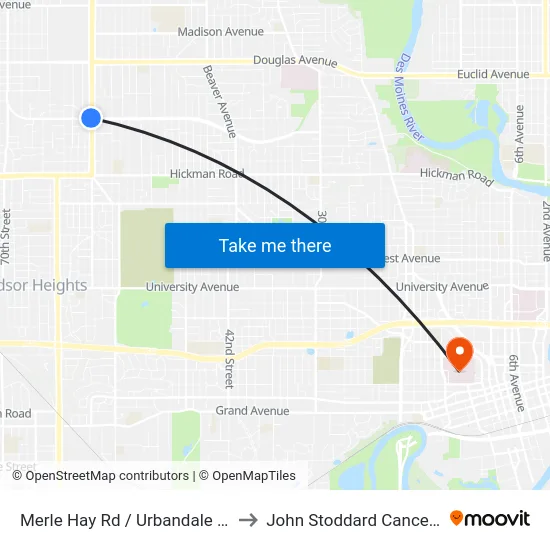 Merle Hay Rd / Urbandale Ave, Dsm to John Stoddard Cancer Center map