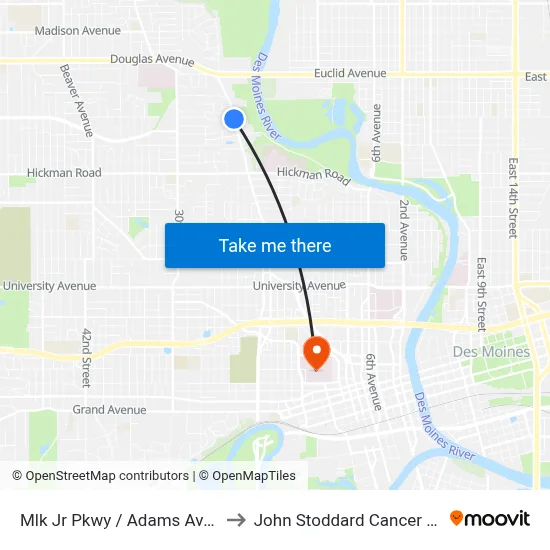 Mlk Jr Pkwy / Adams Ave, Dsm to John Stoddard Cancer Center map