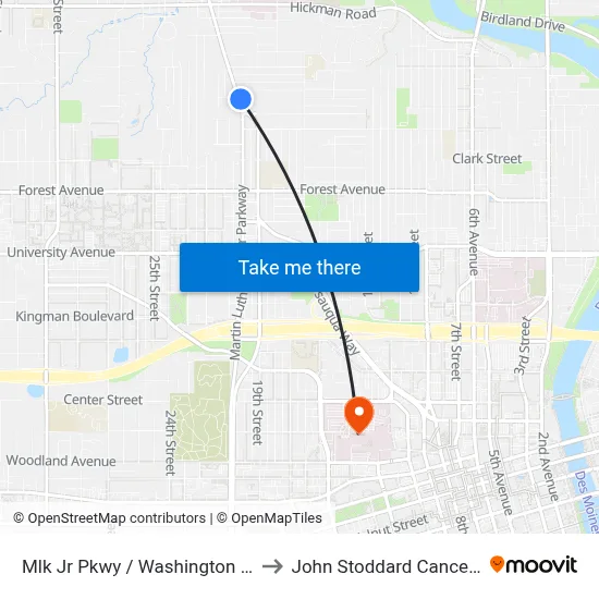 Mlk Jr Pkwy / Washington Ave, Dsm to John Stoddard Cancer Center map