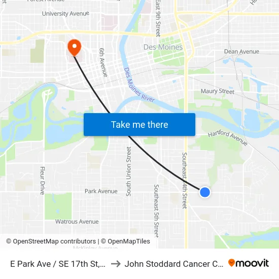 E Park Ave / SE 17th St, Dsm to John Stoddard Cancer Center map