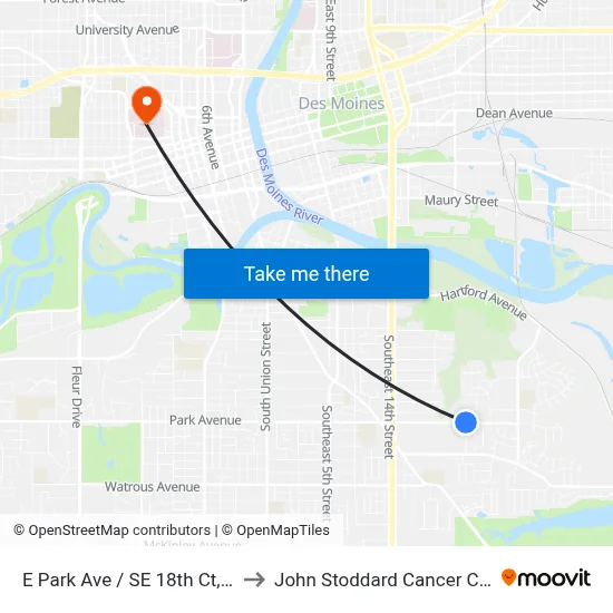 E Park Ave / SE 18th Ct, Dsm to John Stoddard Cancer Center map