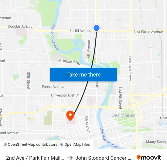 2nd Ave / Park Fair Mall, Dsm to John Stoddard Cancer Center map