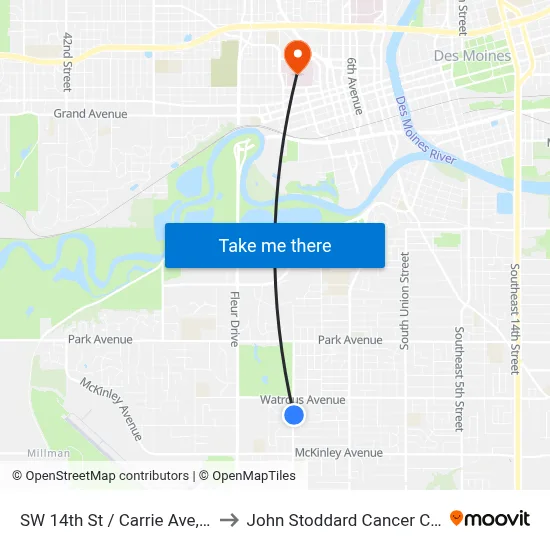 SW 14th St / Carrie Ave, Dsm to John Stoddard Cancer Center map