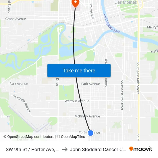 SW 9th St / Porter Ave, Dsm to John Stoddard Cancer Center map