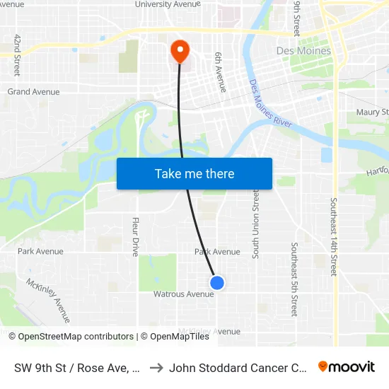 SW 9th St / Rose Ave, Dsm to John Stoddard Cancer Center map
